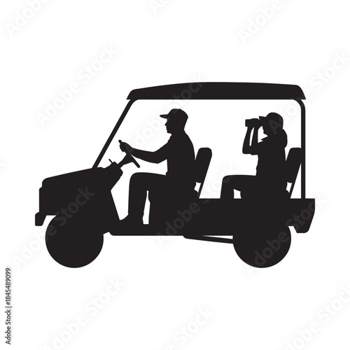 Silhouette of two people in a golf cart one driving and one observing