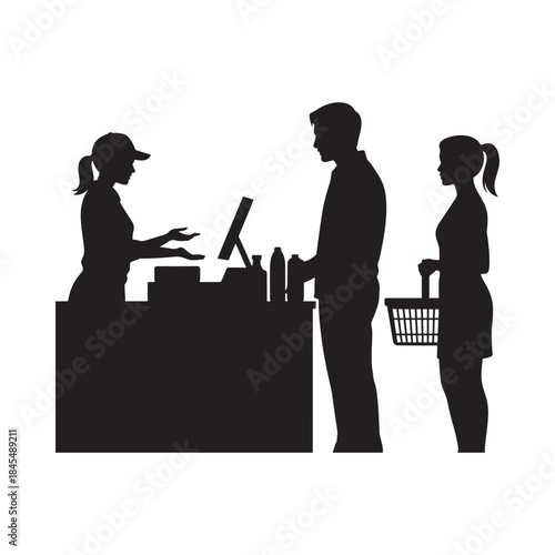 Silhouette of a grocery store checkout with a cashier and two customers