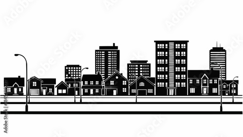 Silhouette of a Cityscape with Diverse Buildings and Streetlights.