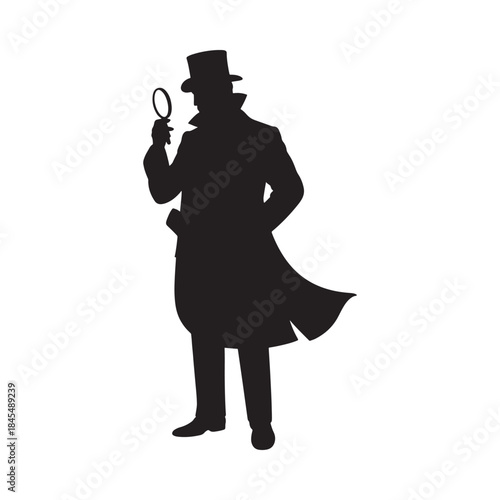 A silhouette of a detective with a magnifying glass and top hat