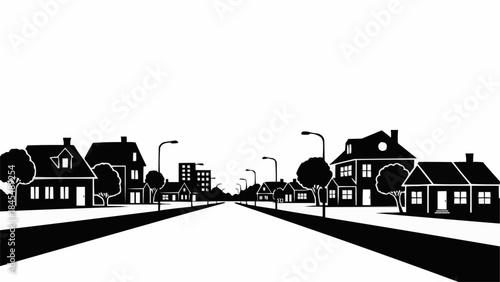 Suburban Street Scene with Houses and Trees.