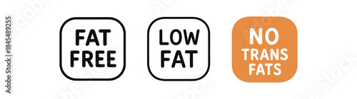 Flat vector illustration minimal health labels with text fat free low fat no trans fats
