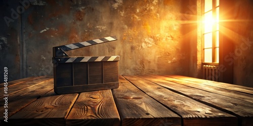 Wallpaper Mural Rustic Wooden Table with Film Clapperboard and Golden Sunlight Streaming Through Window Torontodigital.ca