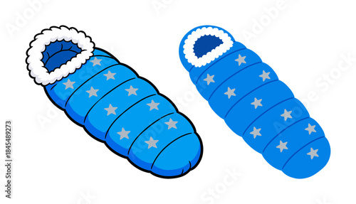 Blue Sleeping Bag with Star Pattern Icon Set: Cozy Camping Gear and Outdoor Equipment for Hiking, Travel, and Winter Cold Protection.
