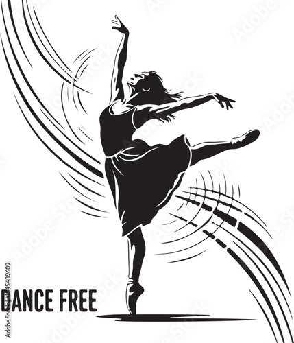 Silhouette of a ballerina dancing with abstract lines