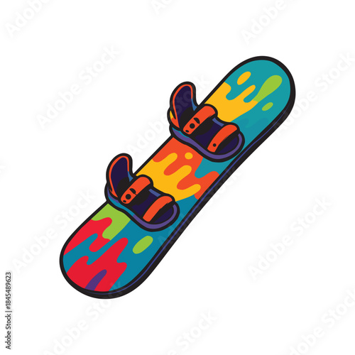 Colorful Snowboard Icon with Bindings and Multicolor Splash Design on White Background