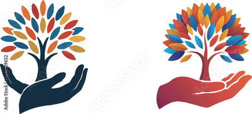 Two Stylized Trees Held in Hands with Colorful Leaves