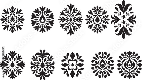 Ten Black Floral Decorative Elements on White background