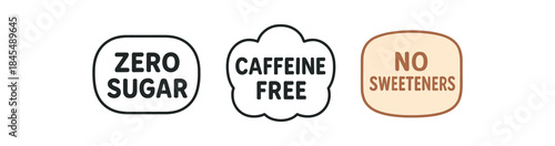 Flat vector illustration drink badges with text zero sugar caffeine free no sweeteners
