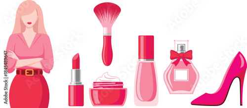 Woman with beauty cosmetics and fashion accessories vector illustration for makeup skincare perfume and lifestyle design