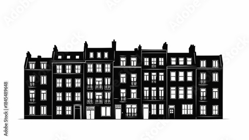 Row of Georgian Townhouses Silhouette Black and White.