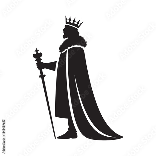 A regal king stands in profile holding a scepter with a crown on his head