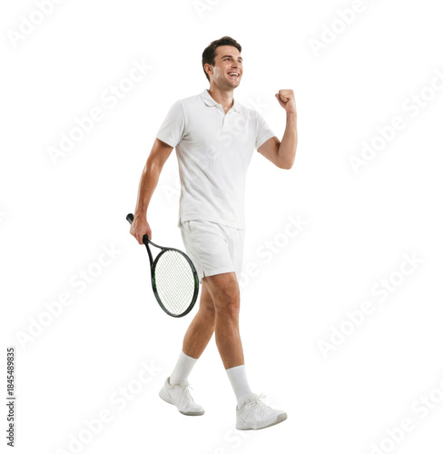 Happy male tennis player celebrating victory isolated on white background