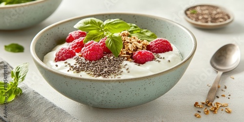 Creamy yogurt bowl with fresh raspberries, crunchy granola, and basil leaves, sprinkled with chia seeds for a healthy plant-based meal.