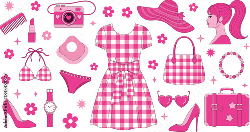 Pink fashion accessories and clothing set vector illustration with dress bag shoes cosmetics and lifestyle elements