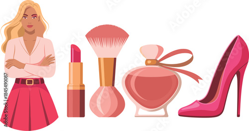 Fashion woman with makeup cosmetics and high heel shoes vector illustration for beauty lifestyle design