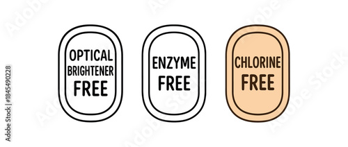 Flat vector illustration laundry product labels with text optical brightener free enzyme free chlorine free