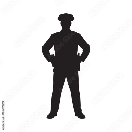 Silhouette of a police officer standing confidently with hands on hips