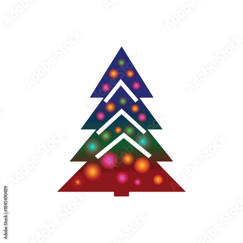  Stylized Christmas Tree Icon with Gradient Segments and Multicolor Ornaments on White Background