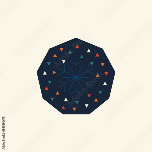 Stylized Snowflake Icon in Dodecagon Frame with Colorful Triangles on Beige Background
