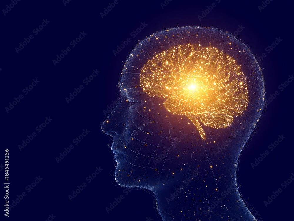 Obraz premium Glowing brain inside human head silhouette profile