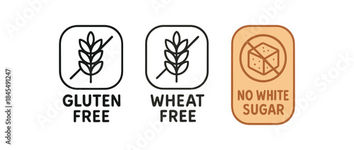 Flat vector illustration diet labels with text gluten free wheat free no white sugar