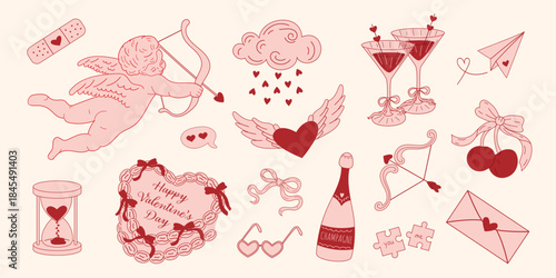 Collection elements for Valentines day. Cute cupid, hearts, bows, cherries, champagne and love icons.