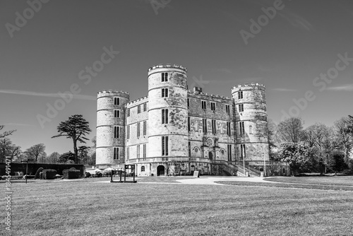 Lulworth, Dorset, England, UK: Wareham Castle; medieval Lulworth castle on the Jurassic coast in black and white
