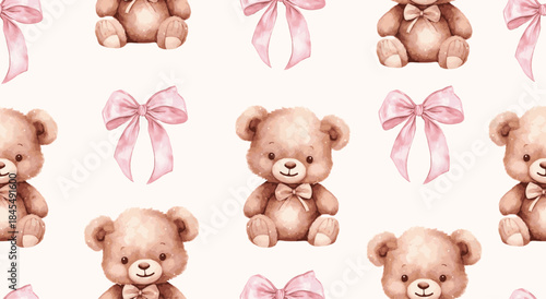 Cute seamless baby pattern with watercolor teddy bears and pink bows in soft pastel tones. Ideal for baby clothing, nursery decor, kids textiles, bedding, wallpapers, gift wrap, playful surface design