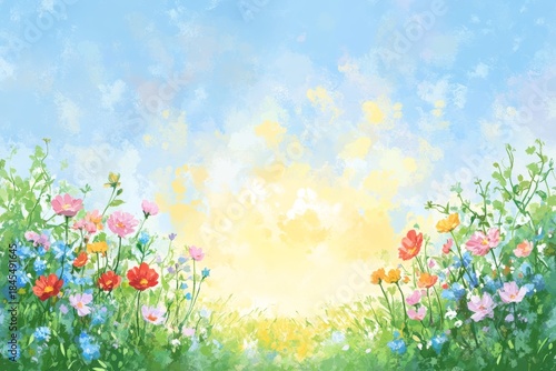 Fototapeta Naklejka Na Ścianę i Meble -  Vibrant summer meadow landscape filled with colorful wildflowers and a dreamy pastel sky view