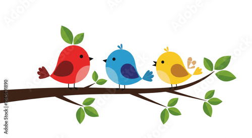 Three Colorful Birds Perched on Branch for Spring Children's Book Design or Website Graphic