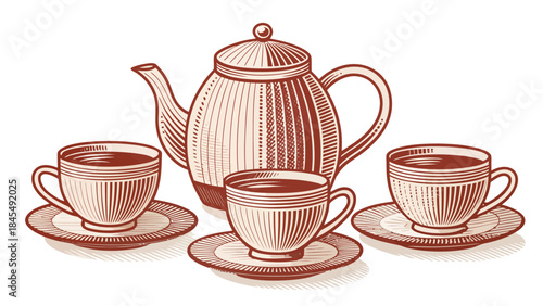 Vintage tea set with teapot and cups on saucers
