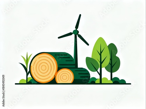 Illustration of natural renewable energy, biomass and wind turbines