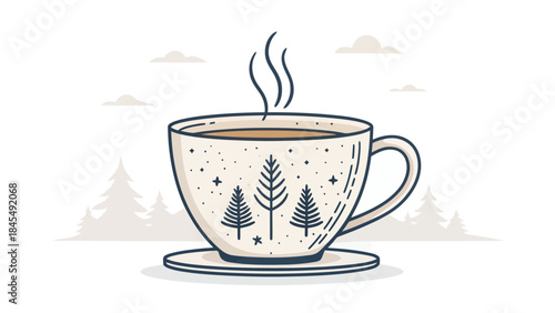 Cozy steaming cup of coffee on a saucer with pine tree design