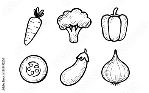 Hand-drawn sketch of assorted fresh vegetables arranged in a grid pattern