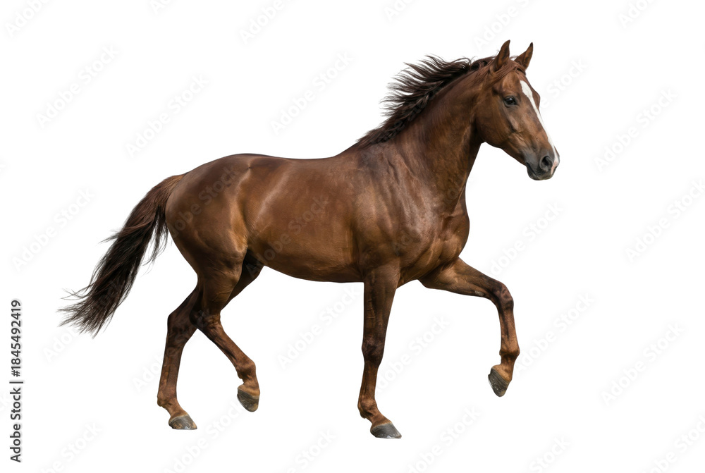 Obraz premium Brown horse trotting isolated on white background side view