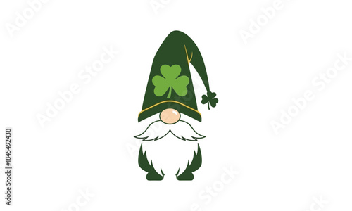 A cute green gnome with a shamrock on its hat, representing St. Patrick's Day.