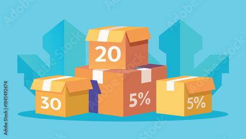 Three boxes with prominent sale signs, suggesting special offers or reduced prices for the items they contain..eps