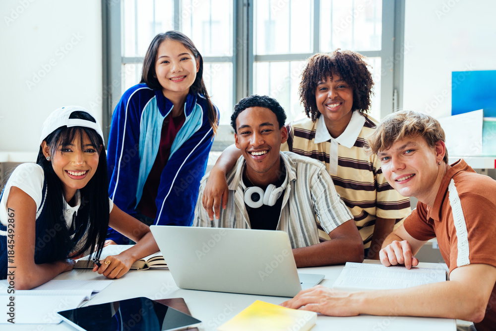 Fototapeta premium Multiethnic students studying together smiling at library