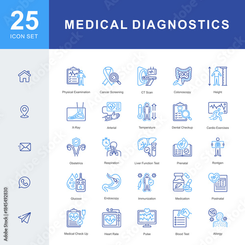 A medical diagnostics icon set featuring physical exams, cancer screening, CT scans, blood tests, x-ray imaging, immunization, endoscopy, prenatal care, and clinical evaluation procedures.