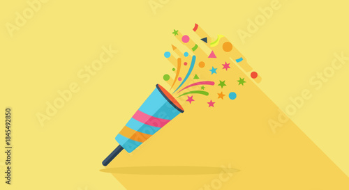 Party popper shooting colorful confetti against a yellow background