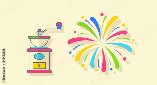 Coffee grinder and festive fireworks illustration