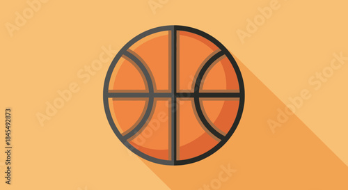 Flat design illustration of a basketball on an orange background.