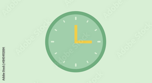 Minimalist green clock with yellow hands on a light green background.