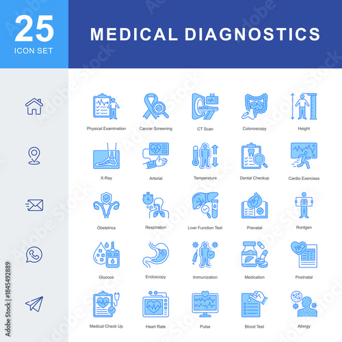A medical diagnostics icon set featuring physical exams, cancer screening, CT scans, blood tests, x-ray imaging, immunization, endoscopy, prenatal care, and clinical evaluation procedures.
