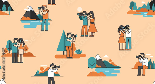 Seamless pattern illustration featuring photographers and mountain landscape.