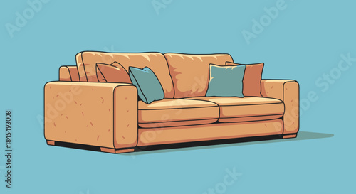 A cartoon-style beige sofa with blue pillows against a blue background.