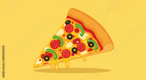 Delicious slice of pepperoni and olive pizza with dripping cheese