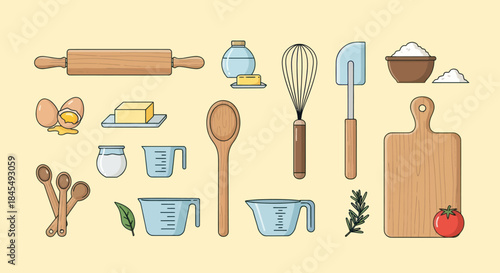 Set of baking ingredients and kitchen utensils.