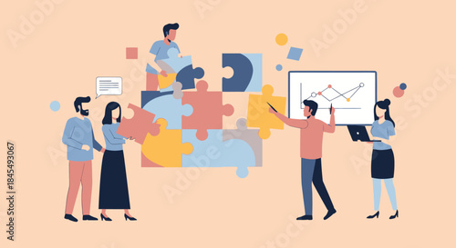 Business team collaborating to solve a puzzle and analyze data.